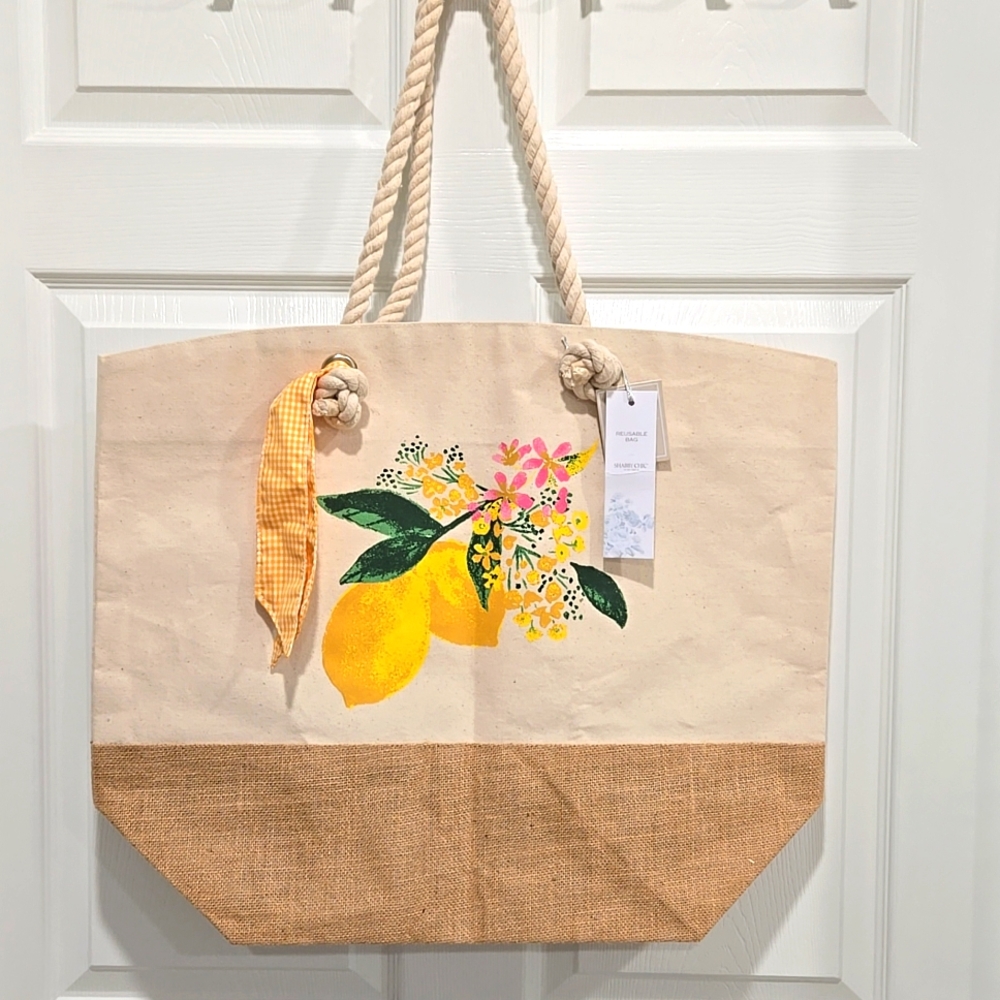 Shabby Chic Boutique Lemon Floral Reusable Tote Bag New With Tags Large